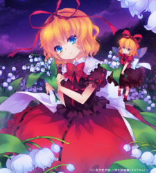 1girl blonde_hair blue_eyes bow bubble_skirt doll dress female_focus flower hair_ribbon lily_of_the_valley medicine_melancholy ribbon shinia short_hair skirt smile solo su-san touhou wings