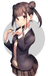 Rule 34 | 1girl, :t, absurdres, black jacket, blazer, blush, brown hair, brown skirt, candy, chocolate, chocolate bar, closed mouth, collared shirt, commentary, double bun, eating, food, food on face, grey background, hair bun, highres, holding, holding food, idolmaster, idolmaster shiny colors, jacket, long sleeves, open clothes, open jacket, plaid, plaid skirt, pleated skirt, ranf, red eyes, shirt, sidelocks, skirt, solo, sonoda chiyoko, sweater vest, symbol-only commentary, twintails, two-tone background, white background, white shirt