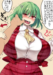 Rule 34 | 1girl, anger vein, ascot, blush, breasts, curvy, dress shirt, fangs, finger in another&#039;s mouth, gigantic breasts, green hair, hetero, highres, kazami yuuka, kedamono kangoku-tou, mouth pull, open clothes, open mouth, open vest, out of frame, plaid, plaid vest, pleated skirt, plump, red eyes, saliva, saliva trail, shirt, short hair, skirt, solo focus, teeth, thumb to mouth, tongue, touhou, translation request, vest