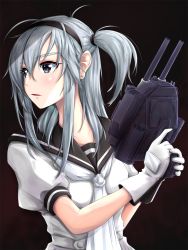 Rule 34 | 1girl, absurdres, black background, blush, breasts, earrings, finger on trigger, gloves, grey eyes, hair between eyes, headband, highres, holding, holding weapon, jewelry, junk life, kantai collection, long hair, looking away, medium breasts, neckerchief, one side up, open mouth, parody, parody request, piercing, sailor collar, school uniform, shirt, sidelocks, silver hair, simple background, solo, stud earrings, suzutsuki (kancolle), weapon, white gloves, white neckerchief, white shirt