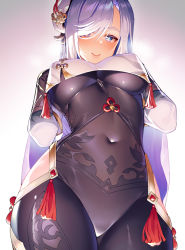Rule 34 | 1girl, blue eyes, bodysuit, breast curtain, breasts, capelet, chinese clothes, closed mouth, covered navel, from below, genshin impact, gold trim, hair ornament, hair over one eye, hands on own chest, highres, hip vent, kibanda gohan, large breasts, looking at viewer, shenhe (genshin impact), silver hair, smile, solo, tassel
