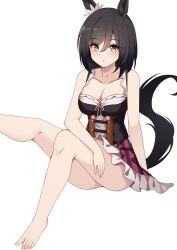 Rule 34 | 1girl, adapted costume, animal ears, bare shoulders, barefoot, black hair, blue eyes, breasts, cleavage, closed mouth, commentary request, dirndl, dress, ear ornament, eishin flash (umamusume), foot out of frame, frilled dress, frills, german clothes, hair between eyes, highres, horse ears, horse girl, horse tail, large breasts, light blush, looking at viewer, medium hair, miya star saa, simple background, sleeveless, solo, tail, umamusume, white background