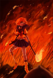 Rule 34 | becchin, becchin to mandara, blue sailor collar, blue skirt, breasts, corpse, fire, gloves, gun, hair over one eye, highres, holding, holding torch, medium breasts, navel, open mouth, pleated skirt, prosthesis, prosthetic leg, red eyes, sailor collar, saitou nekoichi, skirt, solo focus, torch, weapon, wildfire