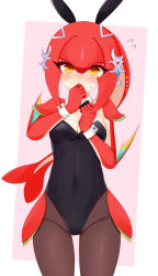 Rule 34 | 1girl, animal ears, ayatori (aytr), blush, bow, bowtie, breasts, cleavage, collar, colored skin, commentary, covered navel, crotch, cuff links, cuffs, earrings, fake animal ears, fins, fish girl, hair ornament, hand to own mouth, highres, jewelry, leotard, looking at viewer, medium breasts, mipha, nervous, nintendo, pantyhose, playboy bunny, rabbit ears, red skin, simple background, strapless, strapless leotard, sweat, the legend of zelda, the legend of zelda: breath of the wild, thigh gap, thighs, yellow eyes, zora