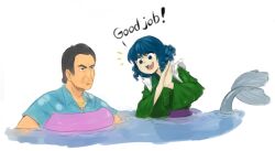 Rule 34 | 1boy, 1girl, blue eyes, blue hair, blue shirt, cheering, crossover, english text, fins, fish tail, gold necklace, grand theft auto, grand theft auto: vice city, in water, jewelry, mermaid, monster girl, necklace, shirt, tail, tommy vercetti, touhou, wakasagihime