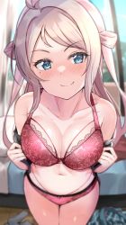 Rule 34 | 1girl, ahoge, bare shoulders, bed, blonde hair, blue eyes, blush, bra, breasts, cleavage, closed mouth, collarbone, cowboy shot, floral print, hair rings, highres, indoors, lace, lace-trimmed bra, lace trim, large breasts, lingerie, long hair, looking at viewer, love live!, love live! nijigasaki high school idol club, mole, mole under eye, navel, panties, print bra, red bra, red panties, shiitake taishi, skirt, unworn skirt, smile, solo, stomach, underwear, undressing, v-shaped eyebrows, zhong lanzhu