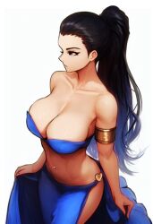 Rule 34 | 1girl, ai-assisted, armlet, bare shoulders, black hair, blue skirt, breasts, cleavage, collarbone, cowboy shot, heart, highres, large breasts, long hair, long skirt, multicolored hair, navel piercing, nico robin, one piece, piercing, simple background, skirt, solo, two-tone hair, vcais, white background