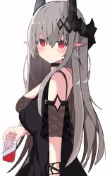 Rule 34 | 1girl, absurdres, arknights, bare shoulders, black choker, black dress, blush, bracelet, choker, closed mouth, detached sleeves, dress, earrings, from side, grey hair, gun, hair ornament, highres, holding, holding gun, holding weapon, horns, jewelry, long hair, looking at viewer, looking to the side, mudrock (arknights), mudrock (obsidian) (arknights), nui (nuinui0300), official alternate costume, pointy ears, red eyes, see-through, short sleeves, simple background, solo, upper body, very long hair, weapon, white background
