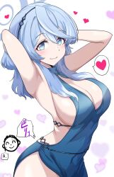 Rule 34 | 1boy, 1girl, ako (blue archive), ako (dress) (blue archive), armpits, arms behind head, arms up, blue archive, blue dress, blue eyes, blue hair, blush, breasts, cleavage, closed mouth, doodle sensei (blue archive), dress, earrings, hair between eyes, hairband, halo, heart, highres, jewelry, large breasts, long hair, looking at viewer, official alternate costume, run p (aveton), sensei (blue archive), sideboob, sideless outfit, simple background, sleeveless, sleeveless dress, smile, solo focus, speech bubble, spoken heart, white background