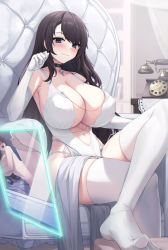 Rule 34 | 1girl, absurdres, armpits, bed, black hair, blush, breast hold, breasts, breasts out, brown hair, cleavage, closed mouth, collarbone, completely nude, dress, g home, hair between eyes, highres, huge breasts, jewelry, long hair, looking at viewer, looking away, looking to the side, necklace, nude, open mouth, original, purple eyes, sex, sitting, smile, spread legs, thighhighs, thighs, wrinkled fabric