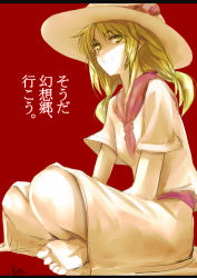 Rule 34 | 1girl, barefoot, blonde hair, female focus, hat, indian style, kuronuko neero, crossed legs, letterboxed, long hair, louise (touhou), red background, signature, sitting, sketch, smile, solo, touhou, touhou (pc-98), translation request, yellow eyes