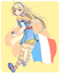Rule 34 | 1girl, ahoge, aqua eyes, blue footwear, can, capelet, drink can, female focus, flag, france, french flag, full body, hairband, highres, holding, kurokin, light brown hair, long hair, looking at viewer, orangina, original, pantyhose, patterned legwear, shoes, shorts, smile, soda can, solo, striped clothes, striped pantyhose, thighhighs, two-tone stripes