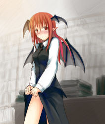 Rule 34 | 1girl, blush, clothes lift, dress, dress lift, embodiment of scarlet devil, female focus, head wings, hirono, koakuma, pointy ears, red hair, solo, touhou, wings