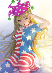 Rule 34 | 1girl, american flag dress, american flag legwear, bad hands, bad leg, bad perspective, breasts, clownpiece, covered navel, crying, crying with eyes open, dress, eyelashes, frilled shirt collar, frills, hat, highres, jester cap, lennard hirao, long hair, neck ruff, no wings, one eye closed, pink eyes, polka dot, polka dot headwear, purple hat, short sleeves, sitting, small breasts, striped clothes, striped dress, tears, touhou, very long hair