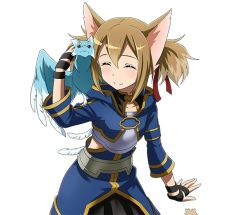 Rule 34 | 1girl, animal ears, armor, black skirt, breastplate, brown hair, cat ears, closed eyes, collarbone, dragon on shoulder, hair between eyes, hair ribbon, long hair, mini dragon, pina (sao), pleated skirt, red ribbon, ribbon, short twintails, silica, silica (sao-alo), skirt, smile, solo, standing, sword art online, transparent background, twintails