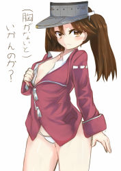 Rule 34 | 1girl, bad id, bad pixiv id, brown eyes, brown hair, flat chest, kantai collection, long hair, looking at viewer, nipples, no bra, no pants, open clothes, open shirt, panties, personification, ryuujou (kancolle), shirt, solo, tenken (gotannda), translation request, underwear, visor cap, white panties