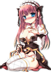 Rule 34 | 1girl, alternate color, arch bishop (ragnarok online), black bow, black dress, black hairband, blue eyes, blush, bow, breasts, cleavage, closed mouth, clothes lift, commentary request, cross, dress, dress lift, fishnet thighhighs, fishnets, frilled hairband, frilled thighhighs, frills, full body, hair bow, hairband, hand on own chest, jacket, juliet sleeves, large breasts, lifted by self, long hair, long sleeves, looking at viewer, nose blush, panties, pink hair, pink panties, puffy sleeves, ragnarok online, sash, shrug (clothing), simple background, sitting, smile, solo, thighhighs, underwear, white background, white jacket, white thighhighs, yellow sash, yokozuwari, yoroi nau