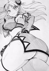 Rule 34 | 1girl, ahoge, armpits, ass, blush, breasts, bun cover, closed mouth, cowboy shot, crop top, double bun, earrings, embarrassed, female focus, from behind, from below, gluteal fold, greyscale, hair bun, hand on own hip, highres, huge ass, impossible clothes, impossible shirt, jewelry, jin homuhomu, large breasts, long hair, looking at viewer, looking back, monochrome, no panties, renka (senran kagura), ribbon, senran kagura, shiny skin, shirt, short puffy sleeves, single thighhigh, skirt, solo, sweat, tagme, thick thighs, thighhighs, thighs, traditional media