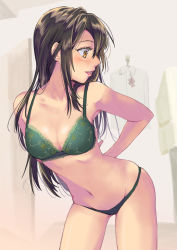 Rule 34 | 1girl, black hair, bra, breasts, brown eyes, chikuma (kancolle), cleavage, commentary request, cowboy shot, gluteal fold, green bra, green panties, highres, kantai collection, long hair, looking to the side, medium breasts, midriff, navel, open mouth, panties, solo, underwear, underwear only, yami (m31)