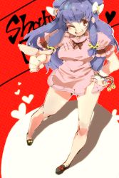 Rule 34 | 1girl, bell, blue hair, character name, chinese clothes, double bun, dress, hand on own hip, heart, hip focus, iroyopon, one eye closed, pink dress, pink skirt, pointing, ranma 1/2, red background, shampoo (ranma 1/2), short dress, side slit, skirt, solo, wink