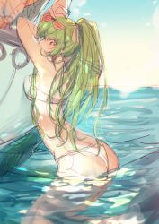 Rule 34 | 1girl, armpits, arms up, ass, bikini, boat, breasts, breasts apart, c.c., code geass, creayus, day, female focus, from side, green hair, hair ribbon, long hair, looking at viewer, looking to the side, medium breasts, ocean, outdoors, partially submerged, pink ribbon, ribbon, sideways glance, sketch, solo, sunglasses, sunglasses on head, swimsuit, underboob, very long hair, water, watercraft, white bikini, yellow eyes