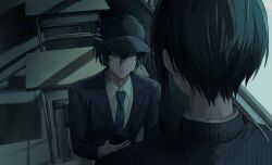 Rule 34 | 2boys, baseball cap, black hair, black hat, black jacket, black sleeves, blue necktie, cellphone, classroom, coattails, collared jacket, collared shirt, commentary request, danganronpa (series), danganronpa v3: killing harmony, desk, dual persona, eyelashes, face-to-face, from behind, hair between eyes, hat, highres, holding, holding phone, indoors, iumi urura, jacket, layered sleeves, long sleeves, looking at another, male focus, multiple boys, necktie, on chair, parted lips, phone, pinstripe jacket, pinstripe pattern, saihara shuichi, school desk, school uniform, shadow, shirt, short hair, sitting, smartphone, upper body, white shirt, window, yellow eyes