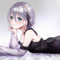 Rule 34 | 1girl, bare shoulders, black bow, black dress, black ribbon, blue eyes, blush, bow, braid, butterfly earrings, dress, earrings, french braid, from side, hair between eyes, hair ribbon, halter dress, halterneck, head rest, highres, horo 27, iris black games, jewelry, kaga sumire, long sleeves, looking at viewer, lupinus virtual games, lying, mole, mole under eye, on stomach, ribbon, short hair, smile, solo, virtual youtuber, vspo!, white sleeves