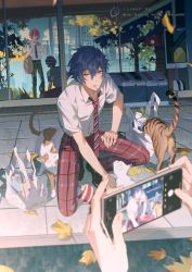 Rule 34 | 2boys, back, blue hair, cat, city, ensemble stars!, holding, holding phone, leaf, lens flare, looking at another, maple leaf, multiple boys, necktie, out of frame, outdoors, pants, phone, plaid, plaid pants, red hair, red neckwear, reflection, rrr (reason), saegusa ibara, sazanami jun, shadow, solo focus