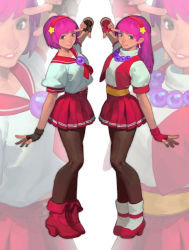 Rule 34 | asamiya athena, breasts, commentary, earrings, english commentary, fingerless gloves, fl (l-fl), full body, gloves, hair ornament, hairband, headband, highres, jewelry, long hair, looking at viewer, medium breasts, midriff peek, multiple girls, pantyhose, purple hair, red hairband, school uniform, serafuku, short hair, skirt, smile, snk, standing, star (symbol), star hair ornament, the king of fighters
