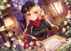 Rule 34 | 1girl, apple caramel, artist name, black hat, blonde hair, breasts, bug, butterfly, feathers, hat, highres, holding, indoors, insect, lamp, large breasts, long sleeves, looking at viewer, moon, night, original, paper, red eyes, red scarf, scarf, smile, solo, window