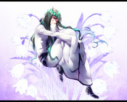 Rule 34 | amiya64k7, arrancar, black footwear, bleach, covering own mouth, cyan sung-sun, dress, facial mark, floral background, flower, gradient background, green hair, hugging own legs, letterboxed, long hair, looking at viewer, purple background, purple eyes, shoes, sleeves past wrists, solo, very long hair, white background, white dress