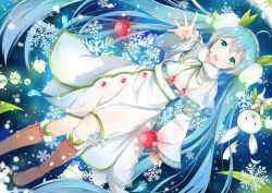 Rule 34 | 1girl, ahoge, aqua eyes, aqua hair, bad id, bad pixiv id, boots, brown footwear, rabbit, capelet, flower, fur boots, hatsune miku, headset, knee boots, lily of the valley, long hair, looking at viewer, open mouth, outstretched arm, snowflake print, snowflakes, solo, tailam, twintails, very long hair, vocaloid, yuki miku, yukine (vocaloid)
