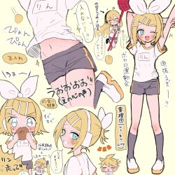 Rule 34 | 1boy, 3girls, :3, akita neru, alternate hairstyle, aqua eyes, arms behind head, blonde hair, blush, bow, breasts, character name, chibi, close-up, fang, grey shorts, grey socks, grin, hair bow, headphones, headset, highres, jumping, kagamine len, kagamine rin, lily (vocaloid), long hair, looking at viewer, midriff, midriff peek, multiple girls, multiple views, navel, nnc225, one eye closed, petite, shirt, shoes, short ponytail, shorts, side ponytail, sideways glance, single vertical stripe, skin fang, small breasts, smile, sneakers, socks, spiked hair, sportswear, stretching, sweat, swept bangs, t-shirt, translation request, tsurime, vocaloid, white bow, white footwear, yellow background