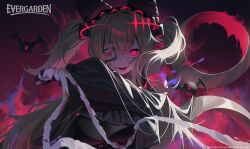 Rule 34 | 1girl, absurdres, bandaged arm, bandages, black dress, blonde hair, blood, blood on face, breasts, dress, eyepatch, highres, jeze, large breasts, lolita fashion, long hair, long sleeves, looking at viewer, monster, open mouth, original, red eyes, smile, solo, teeth, tongue, twintails, upper body, upper teeth only