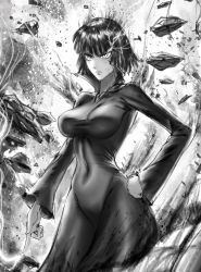 Rule 34 | 1girl, bob cut, breasts, closed mouth, covered navel, debris, dress, electricity, fubuki (one-punch man), greyscale, hand on own hip, highres, impossible clothes, impossible dress, large breasts, long sleeves, looking at viewer, monochrome, one-punch man, short hair, simple background, skin tight, solo, sparks, standing, telekinesis, the golden smurf