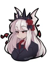 Rule 34 | 1girl, artist name, black hairband, black jacket, black necktie, black outline, closed mouth, collared shirt, cropped torso, expressionless, female focus, flower, formal, hair flower, hair ornament, hairband, half-closed eyes, helltaker, horns, jacket, long hair, looking down, lucifer (helltaker), mole, mole under eye, necktie, outline, petals, red eyes, red flower, red rose, red shirt, rose, shirt, sidelocks, signature, simple background, sketch, solo, spiked hairband, spikes, split mouth, suit, teranen, transparent background, upper body, white hair, white horns