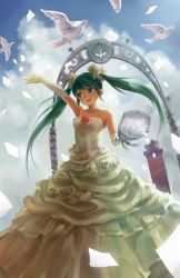 Rule 34 | 1girl, arm up, bad id, bad tinami id, bird, bouquet, cloud, day, dove, dress, elbow gloves, flower, gloves, green eyes, green hair, hatsune miku, long hair, m.b, matching hair/eyes, open mouth, sky, solo, twintails, vocaloid, wedding dress
