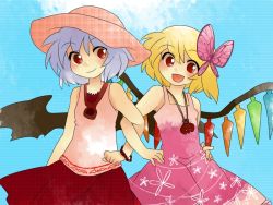 Rule 34 | 2girls, :d, alternate costume, bad id, bad pixiv id, blonde hair, blouse, butterfly hair ornament, comic, contemporary, dress, female focus, flandre scarlet, hair ornament, hammer (sunset beach), hat, jewelry, light purple hair, locked arms, multiple girls, necklace, open mouth, red eyes, remilia scarlet, shirt, short hair, siblings, silent comic, sisters, skirt, sleeveless, sleeveless shirt, smile, sun hat, sundress, touhou, wings