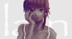 Rule 34 | 1girl, absurdres, asymmetrical hair, brown eyes, brown hair, commentary request, dress, hair ornament, hairclip, highres, iwakura lain, looking at viewer, serial experiments lain, short hair, simple background, sleeveless, solo, white dress