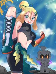 Rule 34 | 1girl, ayuyu lament, bike shorts, boots, breasts, clenched hand, cloud, creatures (company), crossed arms, day, game freak, gen 7 pokemon, highres, korrina (pokemon), korrina (sygna suit) (pokemon), leg up, legendary pokemon, looking at viewer, marshadow, midriff, mythical pokemon, navel, nintendo, official alternate costume, pokemon, pokemon (creature), pokemon masters ex, ponytail, rock, shirt, signature, sky, sleeveless, sleeveless shirt, smile, sparkle, standing, standing on one leg, teeth