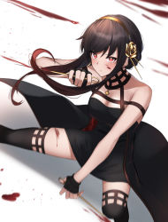 Rule 34 | 1girl, absurdres, bare shoulders, black dress, black hair, blood, blood on face, blood on leg, bloody weapon, breasts, choker, cleavage, closed mouth, commentary, dagger, dress, dual wielding, earrings, fighting stance, fingerless gloves, floating hair, flower, gloves, hair flower, hair ornament, highres, holding, holding dagger, holding knife, holding weapon, jewelry, knife, kuro imu, large breasts, long hair, red eyes, reverse grip, solo, spy x family, stiletto (weapon), thighhighs, weapon, yor briar