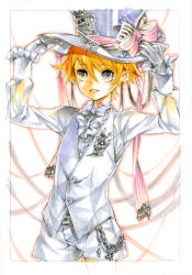 Rule 34 | androgynous, blonde hair, formal, gender request, gloves, hat, hat tip, k ototo, ribbon, grey eyes, solo, suit, top hat