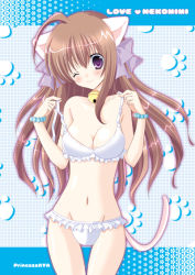 Rule 34 | 1girl, animal ears, ayato mimi, bell, bikini, blush, bracelet, breasts, brown hair, cat ears, cat tail, cleavage, english text, frilled bikini, frills, groin, jewelry, jingle bell, large breasts, long hair, navel, one eye closed, paw print, purple eyes, solo, swimsuit, tail, thigh gap, thighs, undressing, white bikini, wink