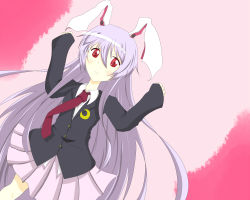 Rule 34 | 1girl, animal ears, buttons, crescent, crescent pin, hair between eyes, light purple hair, long hair, long sleeves, looking at viewer, necktie, nintoku, pink background, pleated skirt, rabbit ears, reisen udongein inaba, shirt, skirt, smile, solo, touhou, very long hair, white shirt