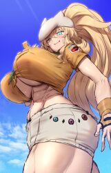 Rule 34 | 1girl, abs, absurdres, barghest (fate), blonde hair, blue sky, breasts, fate/grand order, fate (series), green eyes, hat, high ponytail, highres, huge breasts, long hair, looking at viewer, midriff, muscular, muscular female, navel, open mouth, shiroshisu, sidelocks, sky, smile, solo, thick thighs, thighs, underboob