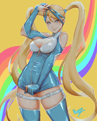 Rule 34 | 1girl, arm up, artist name, bare shoulders, blonde hair, blue eyes, breasts, buckle, cleavage, cleavage cutout, closed mouth, clothing cutout, dress, gloves, hand up, heart, heart-shaped buckle, heart cutout, highres, kumanz, large breasts, lips, long hair, looking at viewer, mask, unworn mask, rainbow mika, shiny clothes, shiny skin, short dress, shoulder cutout, signature, simple background, skin tight, skirt hold, smile, street fighter, street fighter zero (series), thighhighs, thighs, turtleneck, twintails, zipper, zipper pull tab