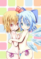 Rule 34 | 2girls, bikini, bikini bottom only, blonde hair, blue bikini, blue eyes, blue hair, bow, cirno, cowboy shot, grin, hair bow, hair ribbon, hand on another&#039;s chest, highres, hug, ice, ice wings, looking at viewer, multiple girls, red eyes, ribbon, rumia, short hair, side-tie bikini bottom, smile, swimsuit, tad s, tongue, tongue out, topless, touhou, wings, yellow bikini
