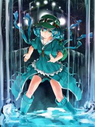 Rule 34 | 1girl, alternate costume, bike shorts, blue eyes, blue hair, boots, fighting stance, goggles, goggles on headwear, hair bobbles, hair ornament, hat, highres, kawashiro nitori, key, matching hair/eyes, neo-masterpeacer, open mouth, solo, touhou, two side up, water