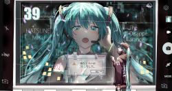 Rule 34 | 1girl, 39, absurdres, arm up, black thighhighs, crying, earrings, eyebrows hidden by hair, green eyes, green hair, hair between eyes, hat, hatsune miku, highres, hood, hooded jacket, hoodie, jacket, jewelry, ku ha, long hair, looking at viewer, miku day, music, nail, open mouth, singing, solo, tearing up, tears, thighhighs, twintails, vocaloid
