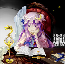 Rule 34 | 1girl, bad id, bad pixiv id, book, capelet, chair, head rest, crescent, dress, female focus, hat, koma midori, long hair, open book, patchouli knowledge, purple eyes, purple hair, reading, sitting, smile, solo, touhou